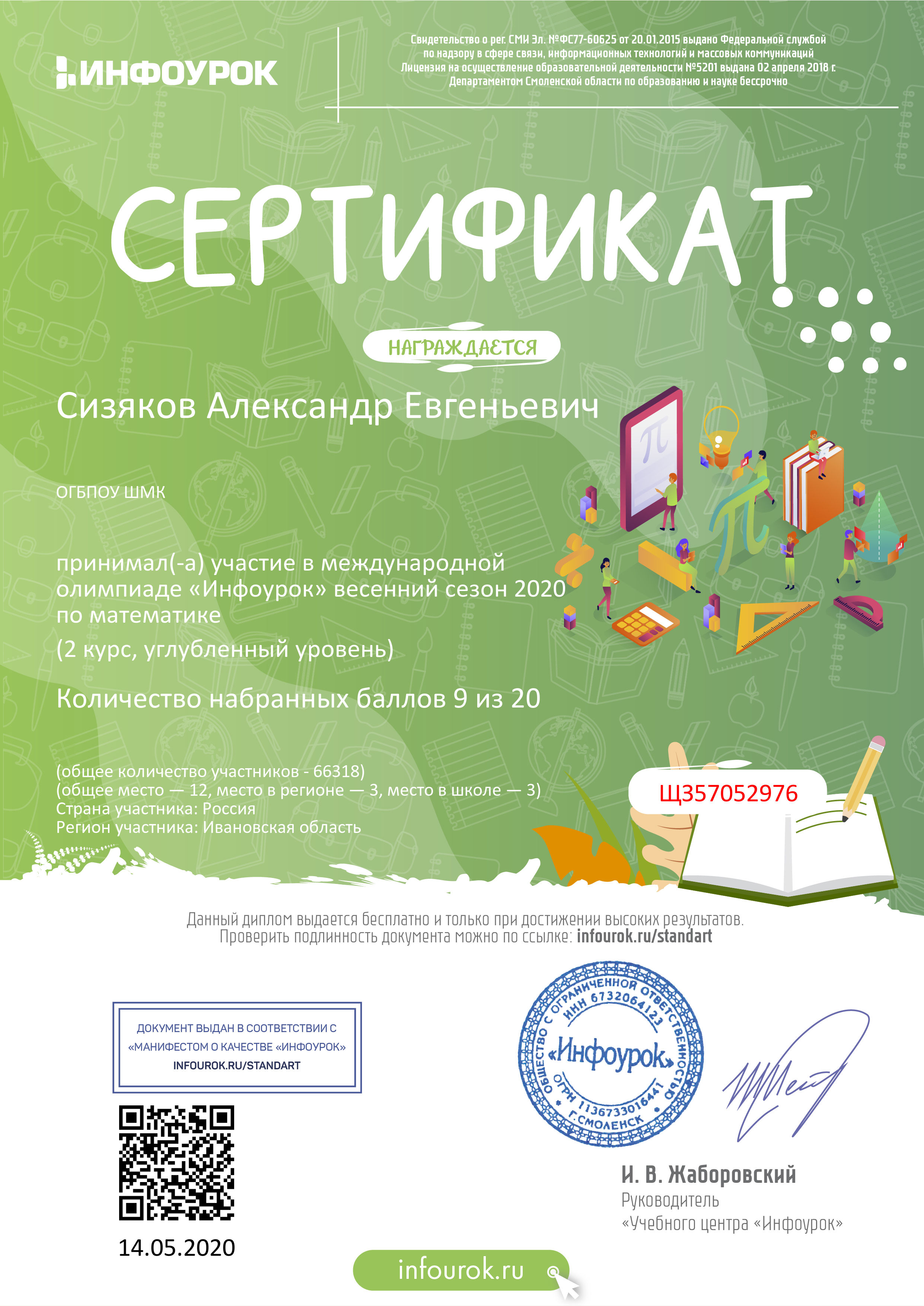 Сертификат проекта infourok.ru №ЩЗ57052976